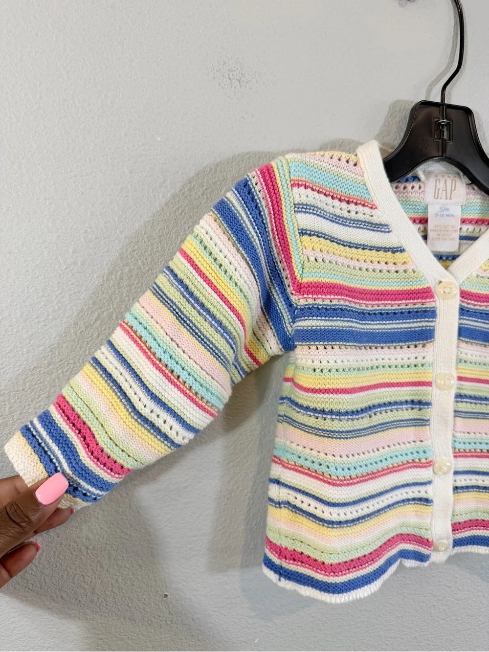 Vintage Baby GAP Crochet Knit Cardigan Sweater S/M 3-12 Months Cream Blue Stripe